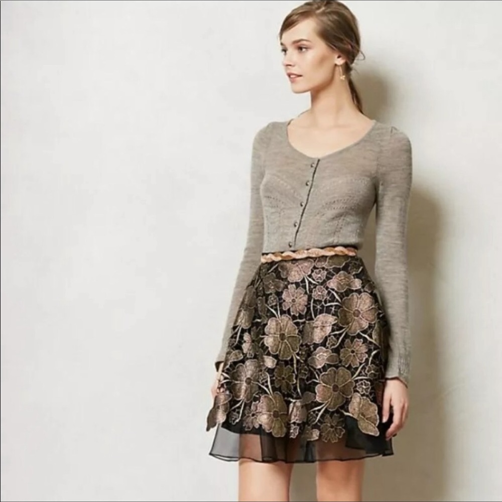 Eva Franco Black Metallic Floral Embroidered Skirt